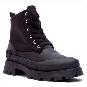 Black Nylon Combat Boots with Chunky Sole and Lace-Up Design